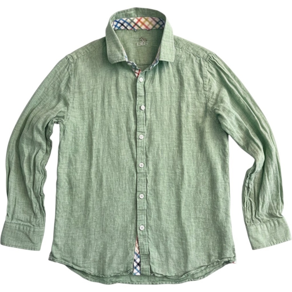 SMB Mens Sage Green 100% Linen Long Sleeve Button Up Shirt Plaid Trim Size M